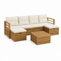 5-teiliges Gartensofa-Set in L-Form aus Akazien-Massivholz Natur mit cremefarbenen Polyesterpolstern 210 x 70 x 60 cm