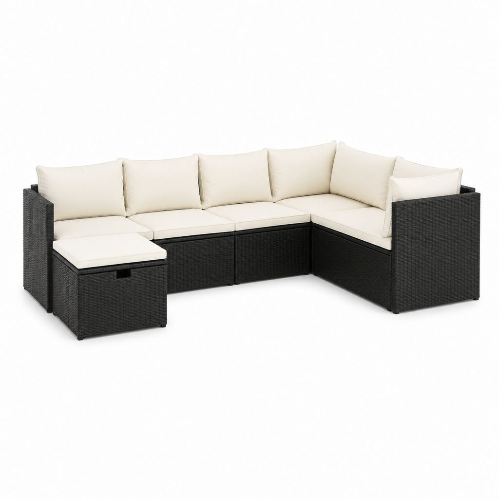 Polyrattan Gartenlounge Ecksofa Set Schwarz Creme mit Hocker 280 x 210 x 65 cm