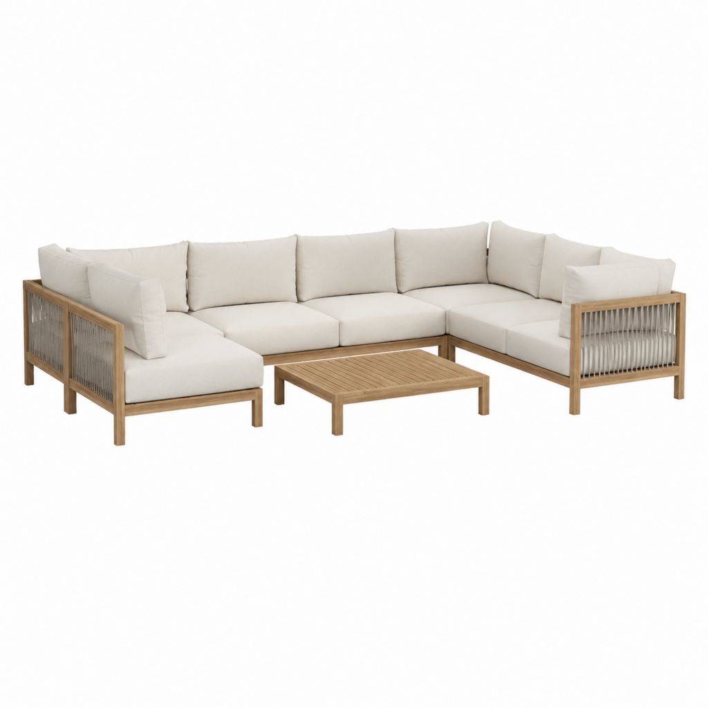 Gartenlounge Ecksofa Set Beige Teakholz Polyester Seilgeflecht L-Form 260 x 260 x 75 cm