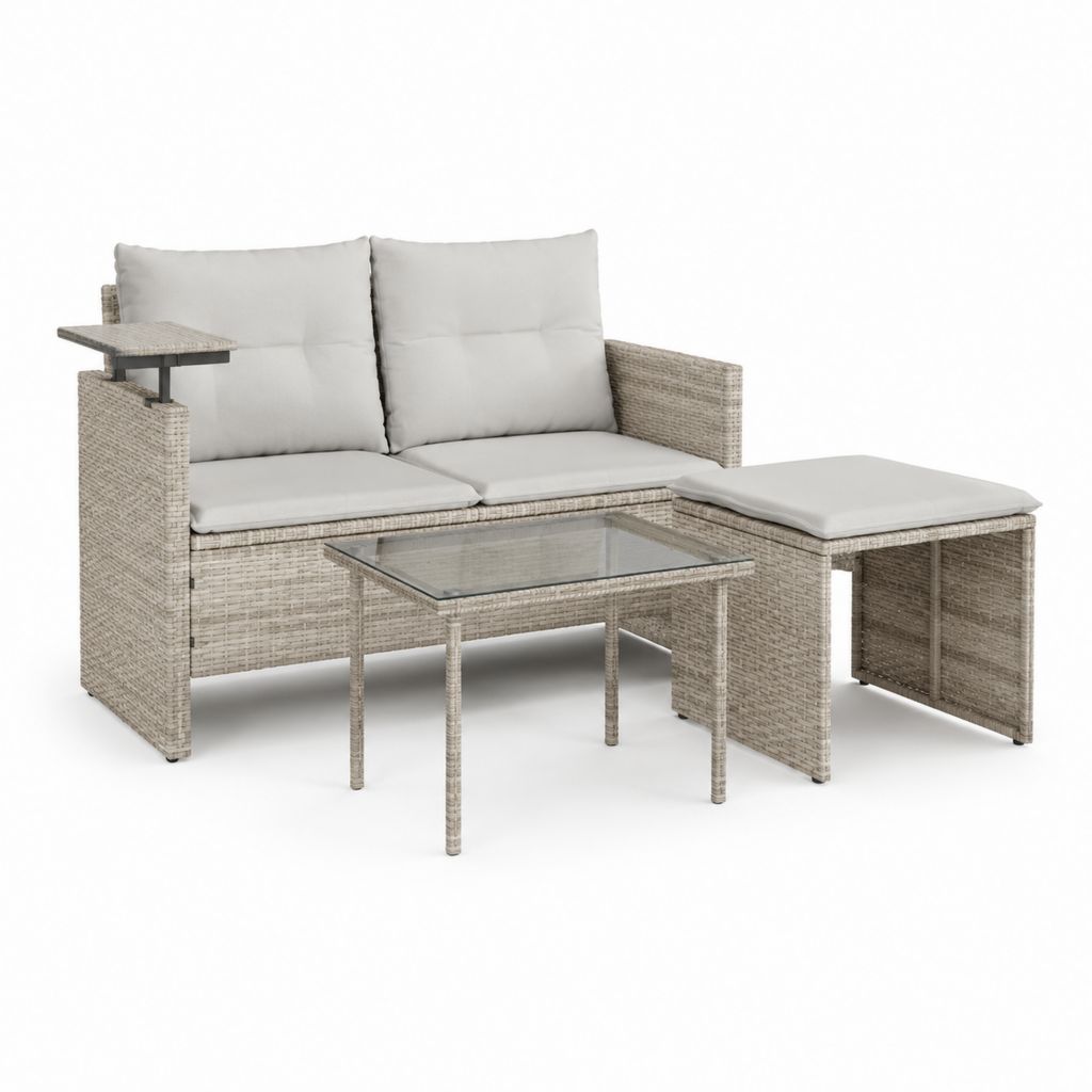 Gartenlounge Set 3-teilig Beige Hellgrau PE-Rattan Stahl Rechteckig mit 2-Sitzer Sofa 124 x 65 x 71 cm