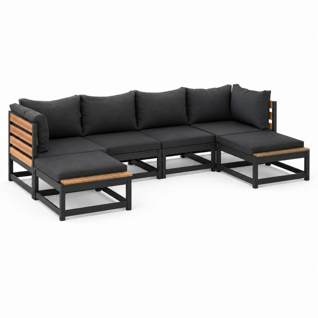 Gartenlounge Ecksofa Set Schwarz Stahl Akazienholz mit Polyesterkissen 280 x 210 x 70 cm