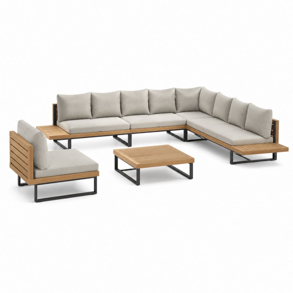 5-Sitzer Gartenlounge Set Beige aus Akazienholz und Stahl mit Ecksofa Sessel und Couchtisch 300 x 220 cm