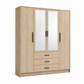 Kleiderschrank Drehtürenschrank Eiche Sonoma Spanplatte rechteckig mit 4 Türen 3 Schubladen und 2 Spiegeln 200 x 200 x 52 cm