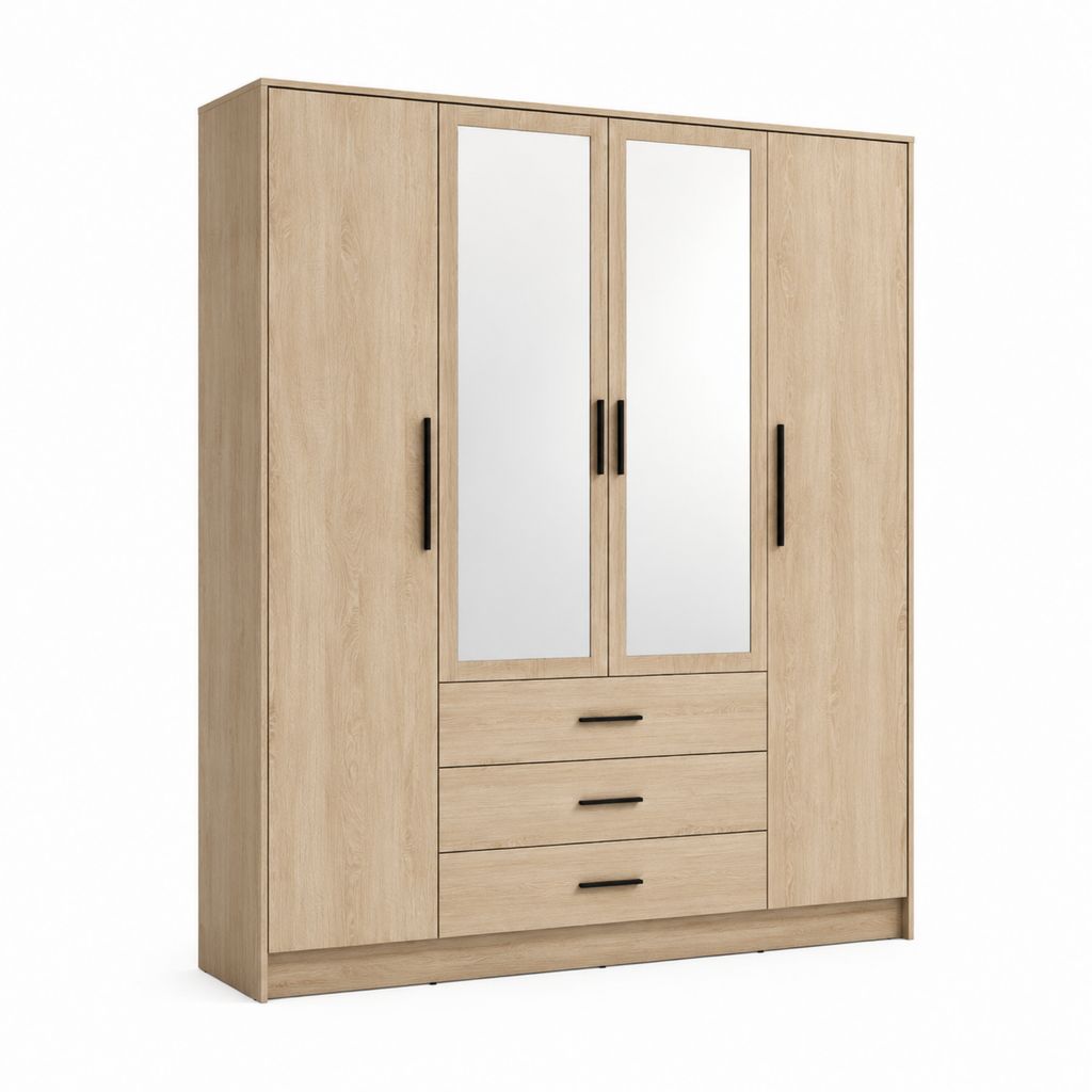 Kleiderschrank Drehtürenschrank Eiche Sonoma Spanplatte rechteckig mit 4 Türen 3 Schubladen und 2 Spiegeln 200 x 200 x 52 cm