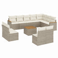 10-teiliges Gartensofa-Set Beige PE-Rattan mit quadratischem Akazienholz-Couchtisch 350 x 210 x 60 cm