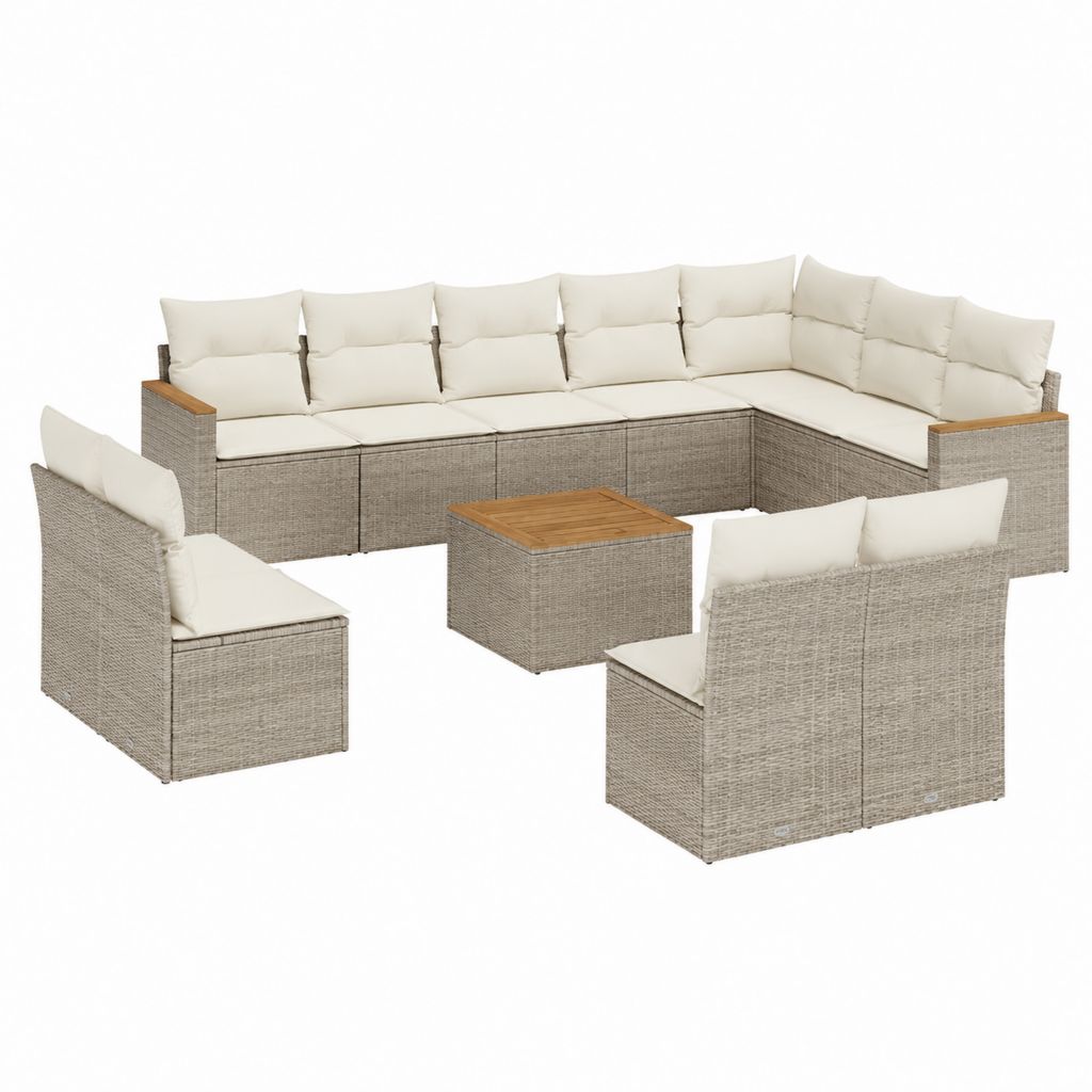 10-teiliges Gartensofa-Set Beige PE-Rattan mit quadratischem Akazienholz-Couchtisch 350 x 210 x 60 cm