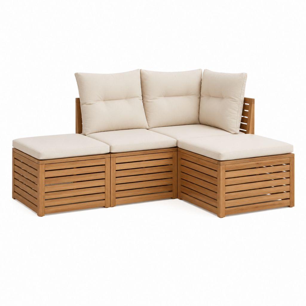 3-teiliges Gartensofa Set Naturbraun Creme aus massivem Akazienholz mit Polsterkissen 210 x 70 x 60 cm