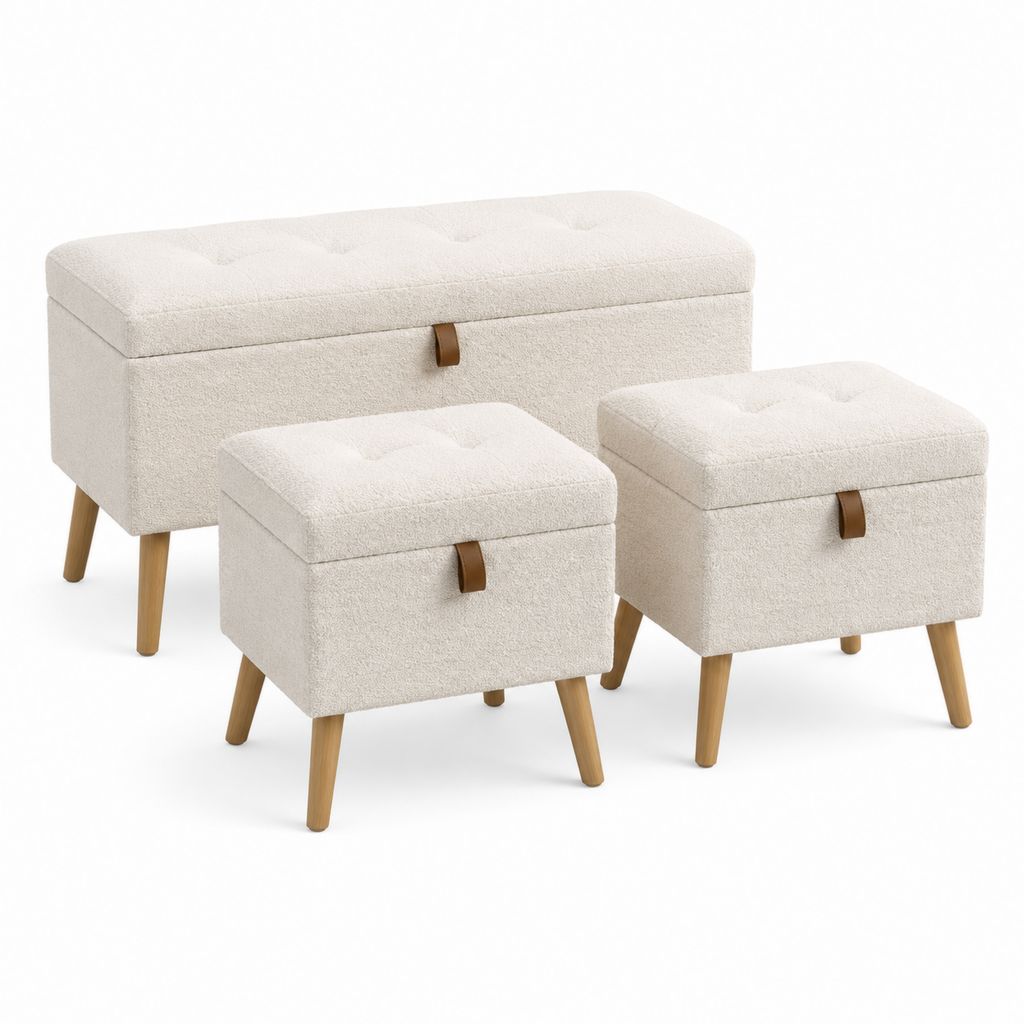Bettbank mit Stauraum 3-teiliges Set Creme Polyester-Bouclé rechteckig 100 x 40 x 49 cm mit 2 Sitzhockern 40 x 40 x 45 cm