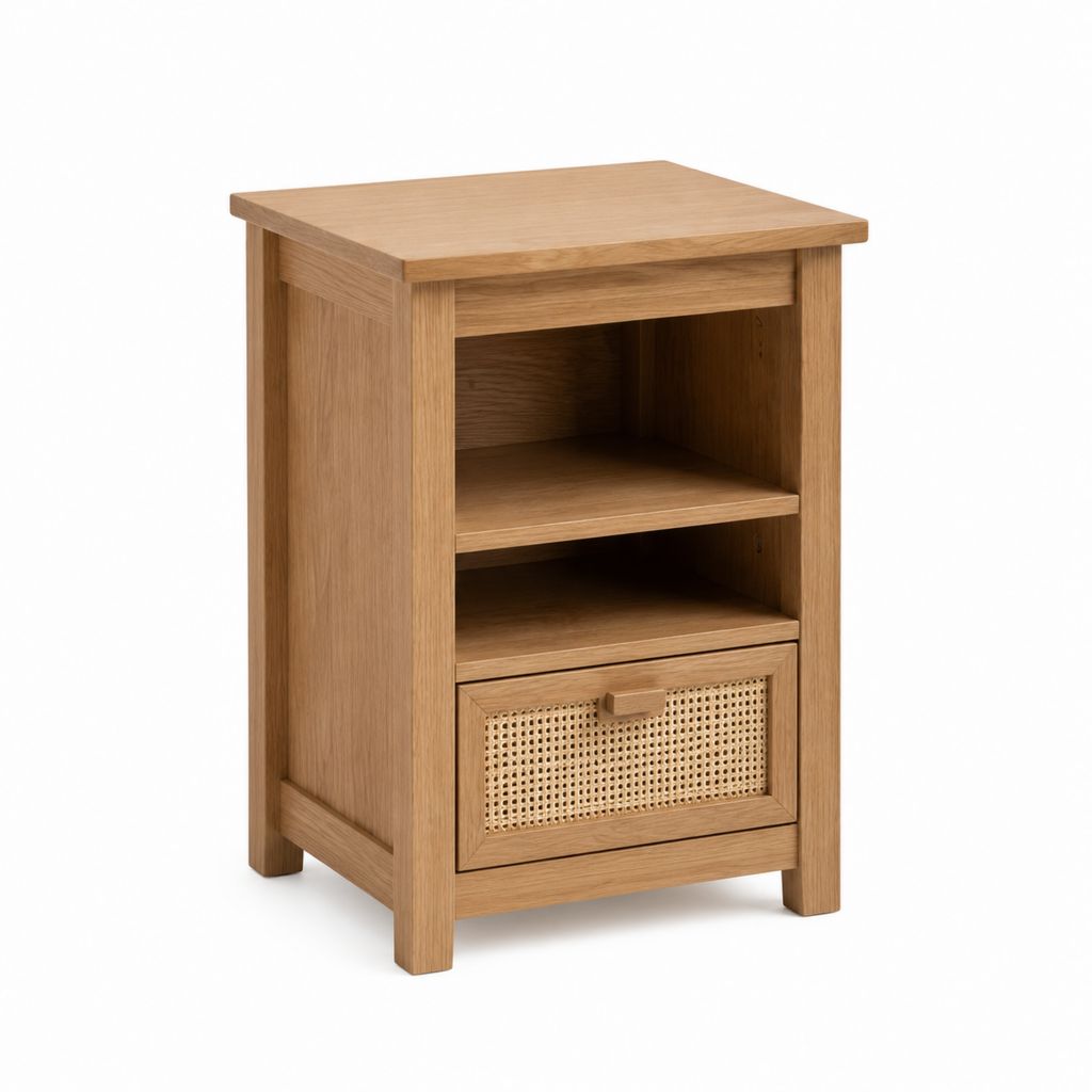 Nachttisch aus MDF mit Eichenfurnier und Rattanfront rechteckig 45 x 35 x 60 cm