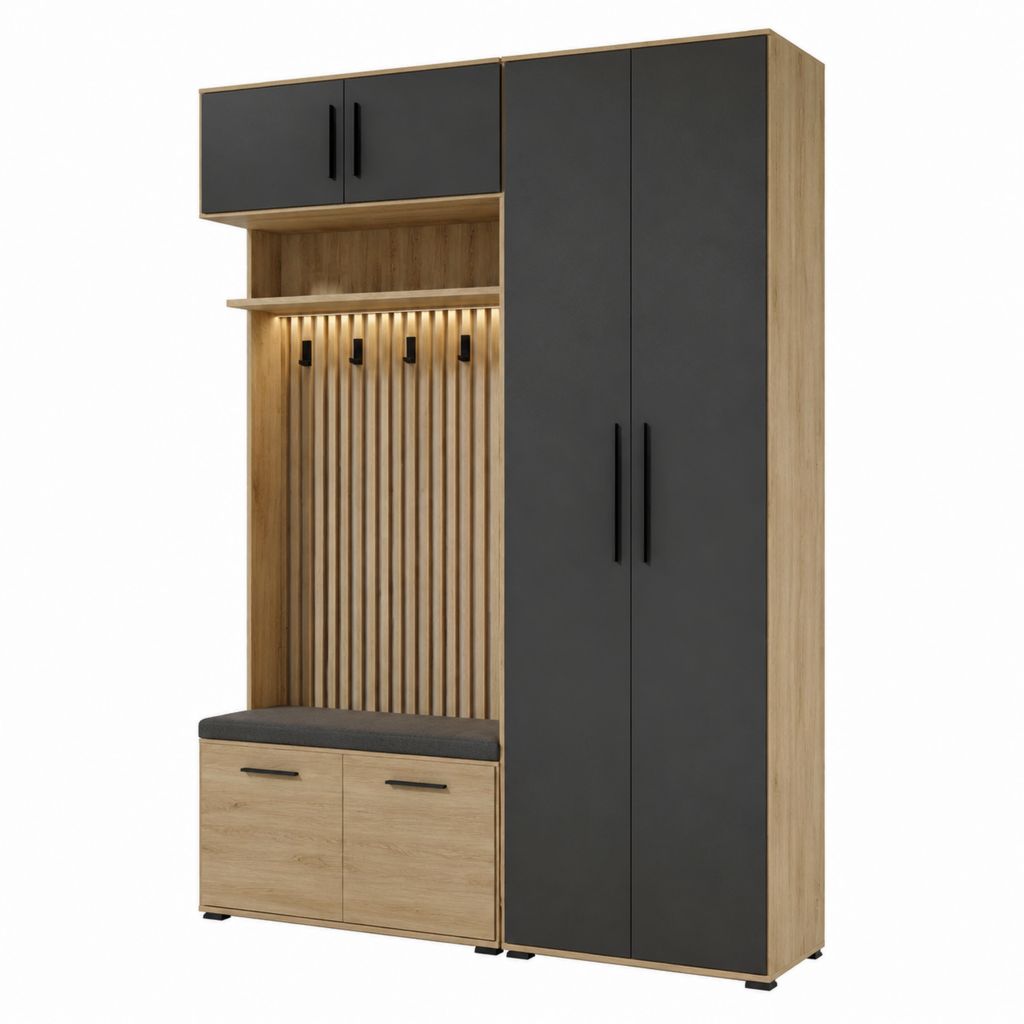 Kleiderschrank mit Sitzbank und Kleiderhaken Eiche-Dekor Anthrazit Spanplatte rechteckig 140 x 40 x 200 cm