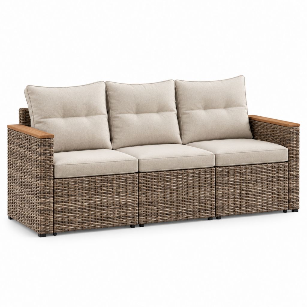 Gartensofa 3-Sitzer Braun Beige Polyrattan Aluminium Rechteckig 210 x 80 x 85 cm