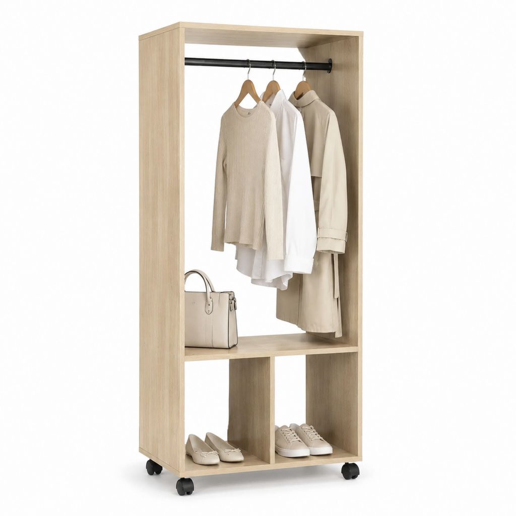 Offener Kleiderschrank Eiche Hell aus Spanplatte mit Kleiderstange und Rollen 60 x 40 x 160 cm