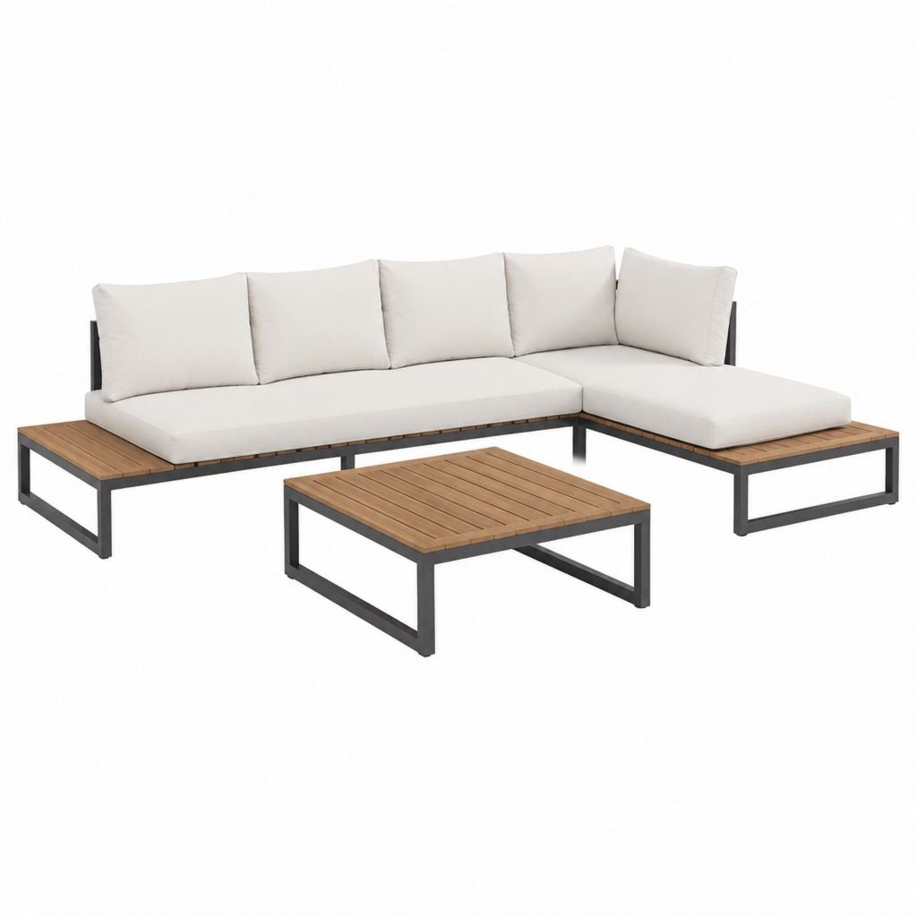 3-teiliges Gartenlounge-Set mit Ecksofa und Couchtisch Beige Aluminium Akazienholz 250 x 160 x 65 cm