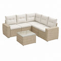 4-teiliges Gartenlounge Ecksofa Beige aus PE-Rattan mit Glastisch 210 x 210 x 85 cm