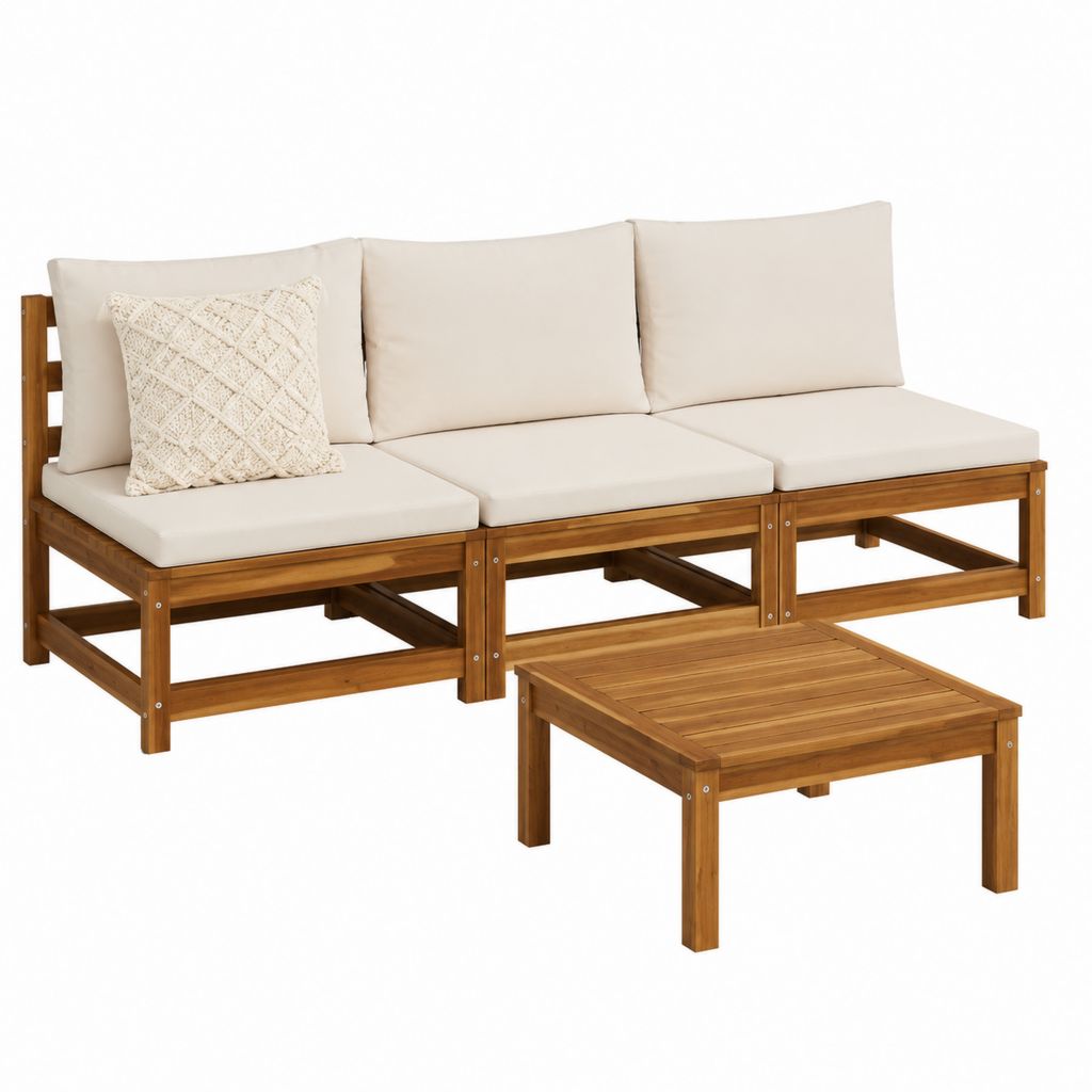 3-Sitzer Gartensofa Set Beige aus Akazien-Massivholz rechteckig mit Tisch 200 x 70 x 70 cm
