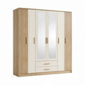 Kleiderschrank 6-türig Weiß Eicheoptik Spanplatte rechteckig mit Spiegeln und 2 Schubladen 240 x 60 x 210 cm
