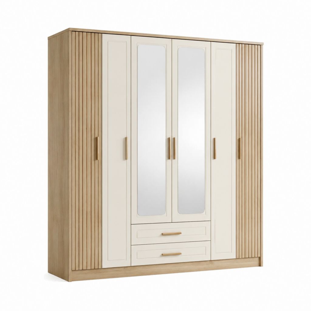 Kleiderschrank 6-türig Weiß Eicheoptik Spanplatte rechteckig mit Spiegeln und 2 Schubladen 240 x 60 x 210 cm